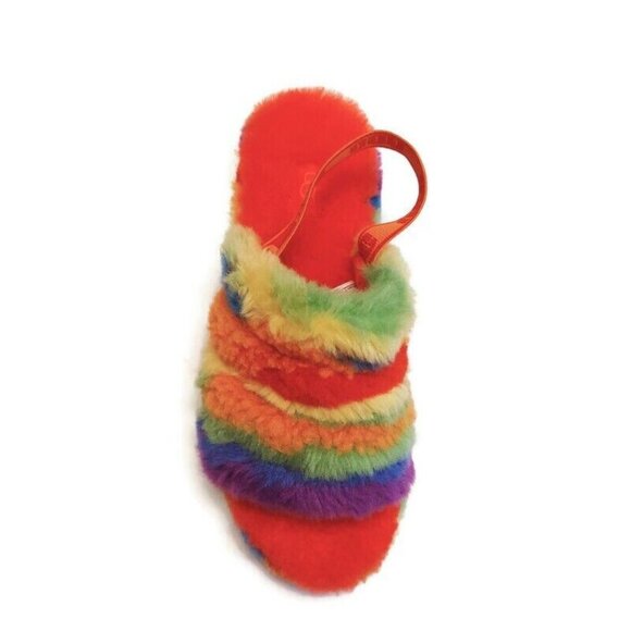 UGG Fluff Yeah Slide Cali Collage Backstrap Slippers Big Kids 4 Rainbow Stripes - Picture 2 of 8